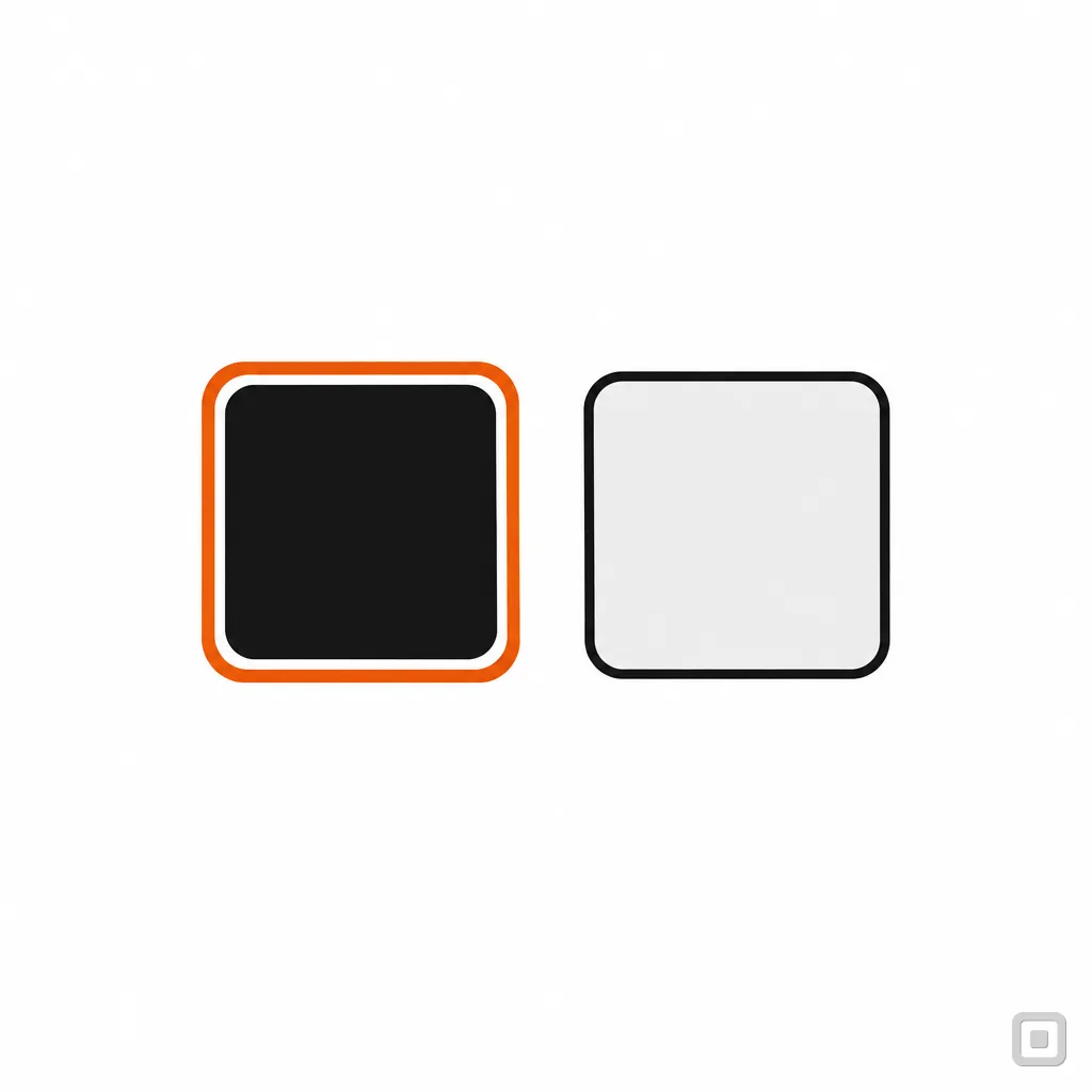Line drawing of a black and a grey swatch, the black one ringed in orange