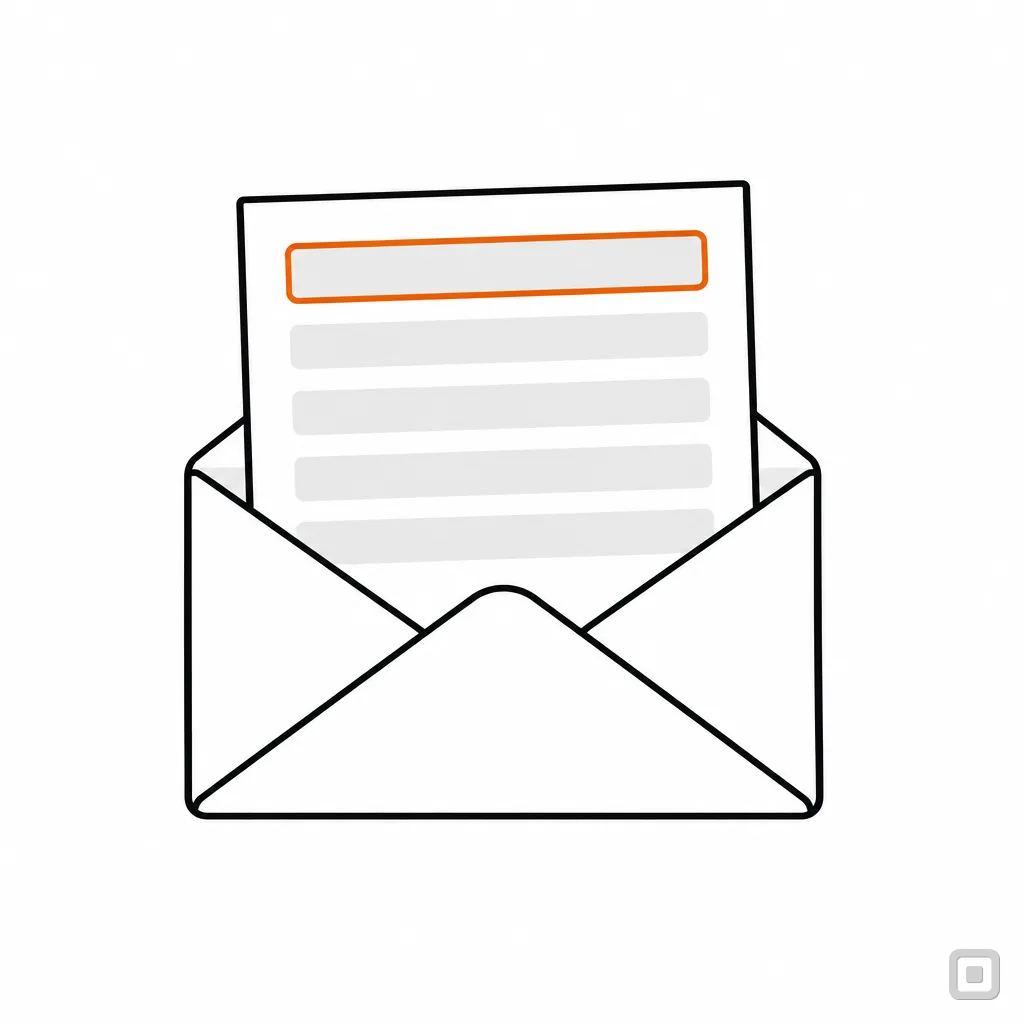 Line drawing of an envelope and letter with the first line ringed in orange